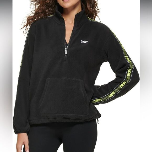 DKNY Black logo tape fleece pullover Sweatshirt with Neon Accents , - Picture 9 of 10